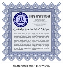 Blue Retro invitation template. With complex linear background. Money Pattern. Detailed. 