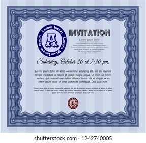 Blue Retro invitation template. Complex background. Detailed. Lovely design. 