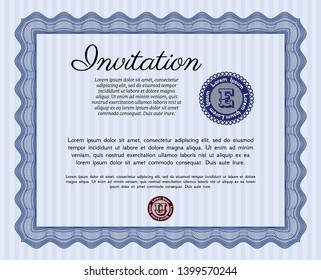 Blue Retro invitation template. Customizable, Easy to edit and change colors. With great quality guilloche pattern. Money style design. 