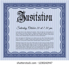 Blue Retro invitation template. Detailed. With complex background. Artistry design. 