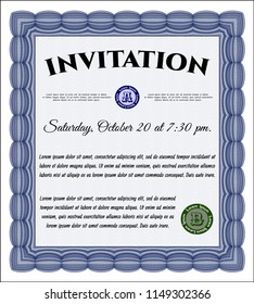 Blue Retro invitation template. With guilloche pattern. Detailed. Cordial design. 