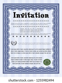 Blue Retro invitation template. With guilloche pattern and background. Cordial design. Customizable, Easy to edit and change colors. 