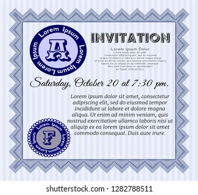 Blue Retro invitation template. With guilloche pattern and background. Sophisticated design. Detailed. 