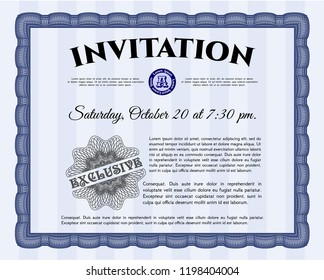 Blue Retro invitation template. Modern design. Detailed. With complex linear background. 