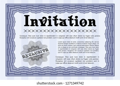 Blue Retro invitation template. Modern design. Detailed. With complex linear background. 