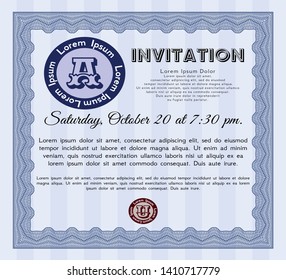 Blue Retro invitation template. Modern design. Detailed. With complex linear background. 