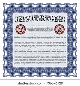 Blue Retro invitation template. Money style design. Detailed. With complex linear background. 