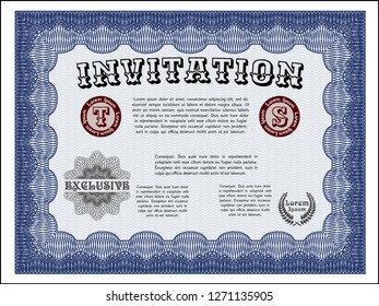 Blue Retro invitation. Vector illustration. With great quality guilloche pattern. Perfect design. 