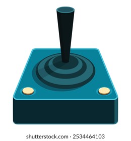Blue retro joystick with a black stick and two yellow buttons standing on white background