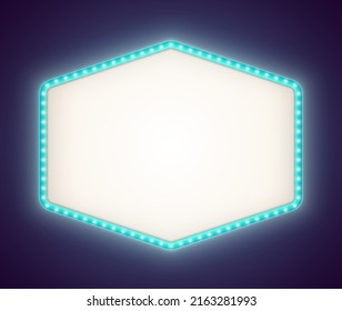 Blue retro lightbox with white light bulbs, vintage theater signboard mockup isolated on a dark background