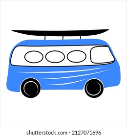 Blue retro mini van with surfboard