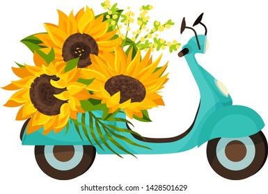 Blue retro moped with three sunflower colors on the seat. Vector illustration on white background.