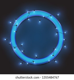 Blue retro neon circle frame, led shiny lights garland, vector illustration