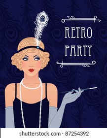 Blue Retro Party Invitation Design. Vector Illustration.