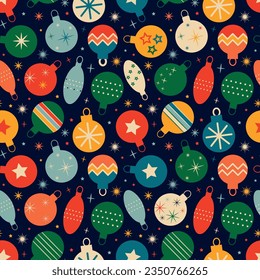 Blue retro pattern with Christmas tree toys. Vintage Christmas background