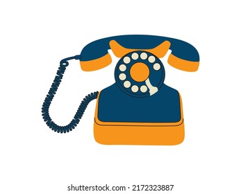 Blue retro phone. Vintage wired device with handset and disk. Old means of communication. Hand drawn vector illustration isolated on white background. Modern trendy flat cartoon style.