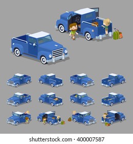 Blue retro pickup. 3D lowpoly isometric vector illustration. The set of objects isolated against the grey background and shown from different sides