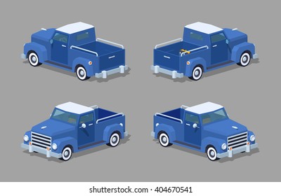 Blue retro pickup. 3D lowpoly isometric vector illustration. The set of objects isolated against the grey background and shown from different sides