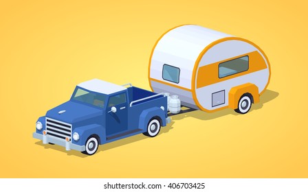 Blue retro pickup with orange-white camper against the yellow background. 3D lowpoly isometric vector illustration