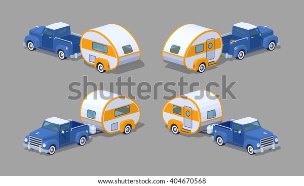 Blue retro\
pickup with orange-white camper. 3D lowpoly isometric vector\
illustration. The set of objects isolated against the grey\
background and shown from different\
sides