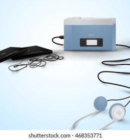 Blue retro portable cassette tape audio player with Headphones and Black cassete tape on Vintage Background