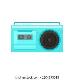 Blue retro radio with handle. Vintage cassette recorder with buttons on top. Old-school music player. Flat vector design