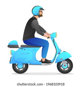 Blue retro scooter, moped, motorbike with man, boy in blue jeans and black vest, isolated on white background. Vector illustration for design, flyer, poster, banner, web, advertising.