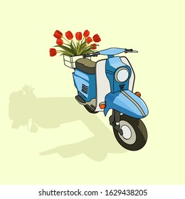 Blue retro scooter with red tulips in box. Vector illustration, urban life. Spring flowers.