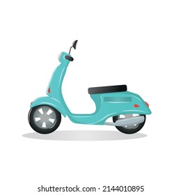 Blue retro scooter. Side view. Detailed image of an old motorcycle. Moped vector illustration isolated on white. Transport. Design element. For stickers, stickers, scrapbooking.
