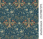 Blue retro seamless pattern. Stylized garden. Plant ornament.
