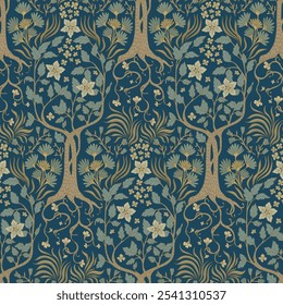 Blue retro seamless pattern. Stylized garden. Plant ornament.
