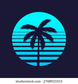 Blue Retro Sun with palm tree silhouette, neon gradient sun. Retro Beach logo. Vector illustration