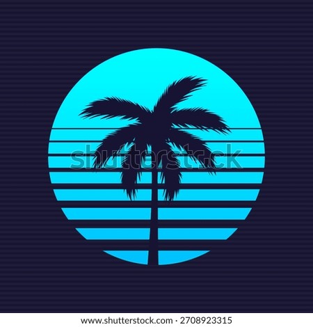 Blue Retro Sun with palm tree silhouette, neon gradient sun. Retro Beach logo. Vector illustration