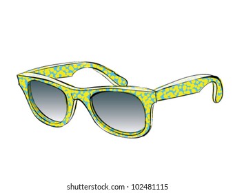 Blue Retro Sunglasses With Yellow Pattern Doodle isolated on white background