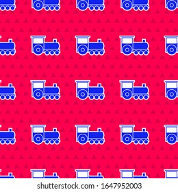 Blue Retro train icon isolated seamless pattern on red background. Public transportation symbol.  Vector Illustration