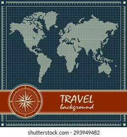 Blue retro travel background with dotted world map and  red banner with compass rose. Vector illustration.