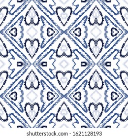 Blue Retro Tribal Vector Seamless Pattern. Vintage Tie Dye African Wallpaper.