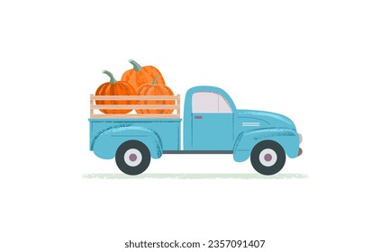 Camión retro azul con cosecha otoñal de calabazas anaranjadas. Feliz Día de Acción de Gracias. Concepto de festival de agricultores, entrega de verduras ecológicas. Ilustración vectorial.