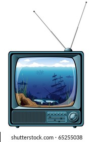 Blue retro TV  with sea view - isolated on white (vector)