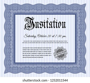 Blue Retro vintage invitation. Artistry design. Detailed. With guilloche pattern. 