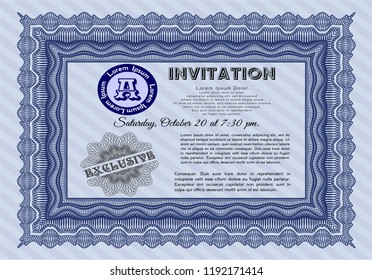 Blue Retro vintage invitation. With complex background. Elegant design. Detailed. 