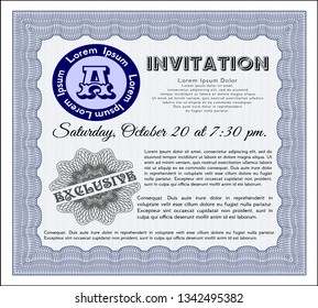 Blue Retro vintage invitation. With complex linear background. Vector illustration. Good design. 