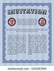 Blue Retro vintage invitation. With complex linear background. Detailed. Money Pattern. 
