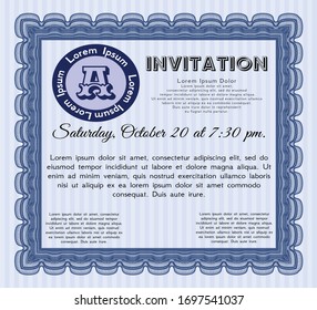 Blue Retro vintage invitation. With complex background. Artistry design. Detailed. 