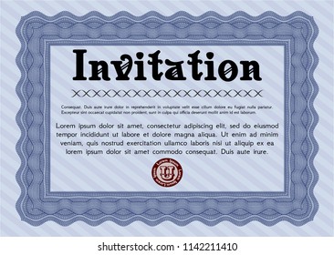 Blue Retro vintage invitation. Detailed. With guilloche pattern and background. Modern design. 
