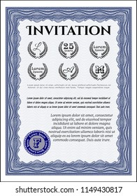 Blue Retro vintage invitation. Detailed. Printer friendly. Nice design. 
