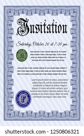 Blue Retro vintage invitation. Detailed. With guilloche pattern. Modern design. 