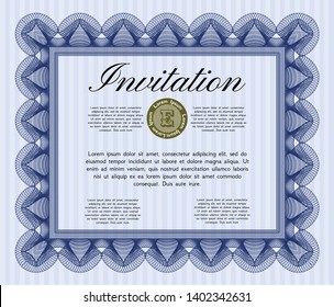 Blue Retro vintage invitation. Detailed. With guilloche pattern. Lovely design. 