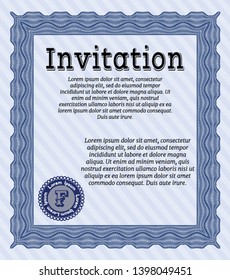 Blue Retro vintage invitation. Easy to print. Detailed. Money Pattern. 