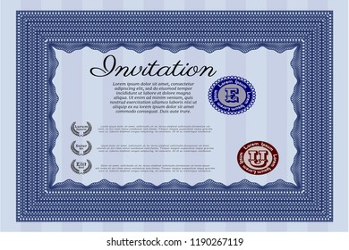 Blue Retro vintage invitation. Elegant design. With guilloche pattern and background. Detailed. 